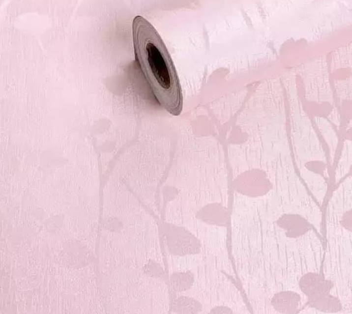 Wallpaper Sticker Dinding Pink Polos Bertekstur Salur Daun
